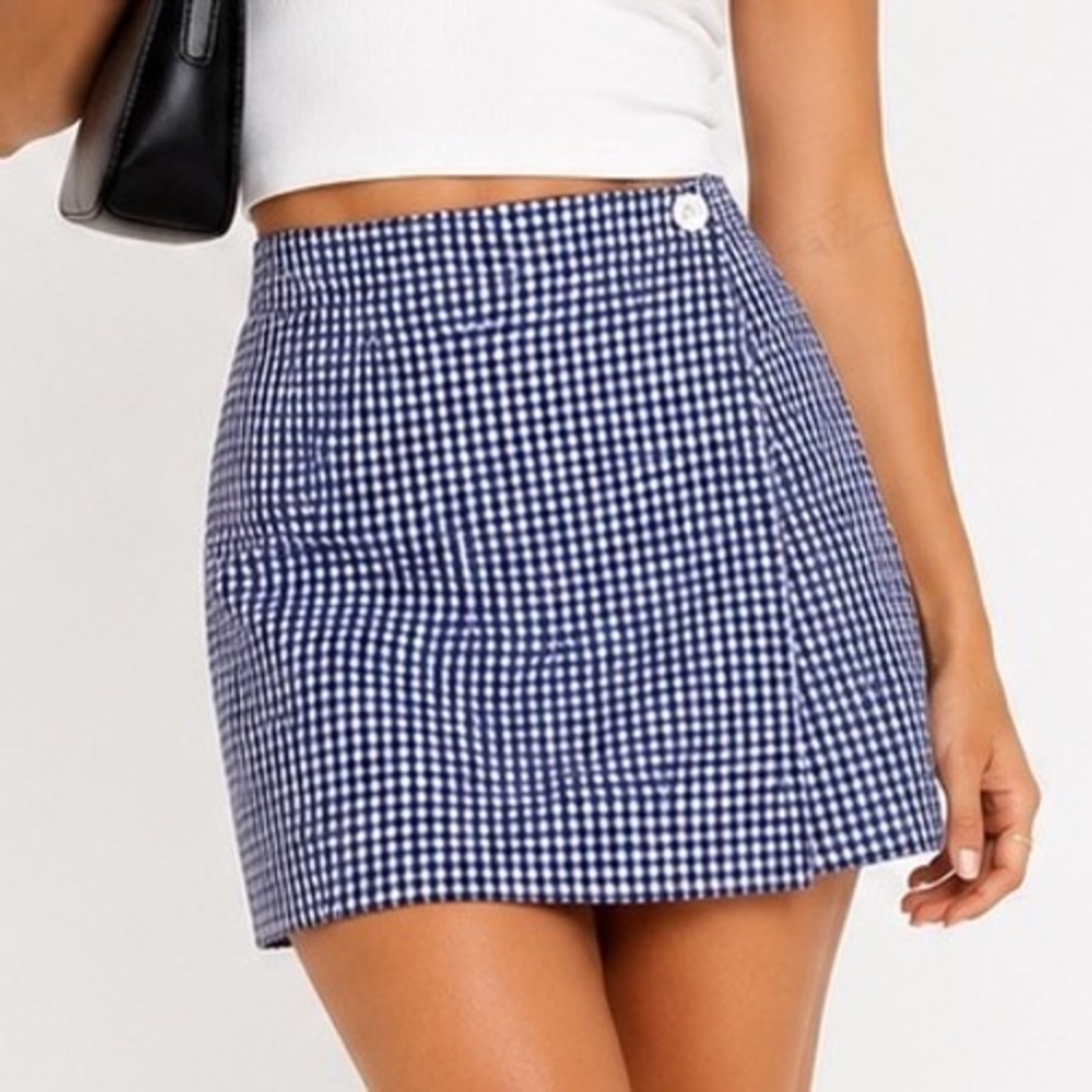 Vintage 90s Asymmetrical Wrap Mini Skirt Linen Blend Blue White Gingham 8 Petite